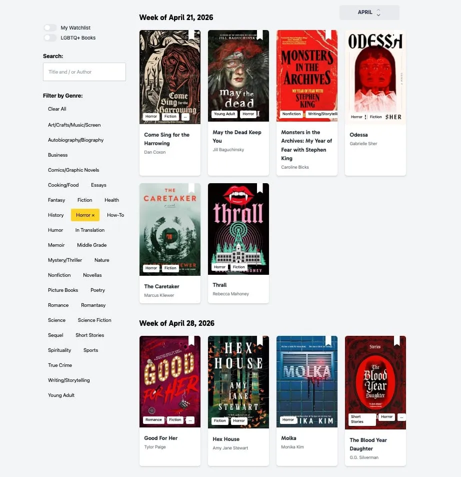 a screenshot of the New Release Index in April, filtered by horror books